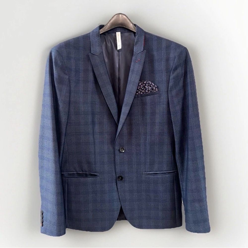 Zara Man Plaid Blazer w/ Pocket Hanky 42R Navy Fully Lined